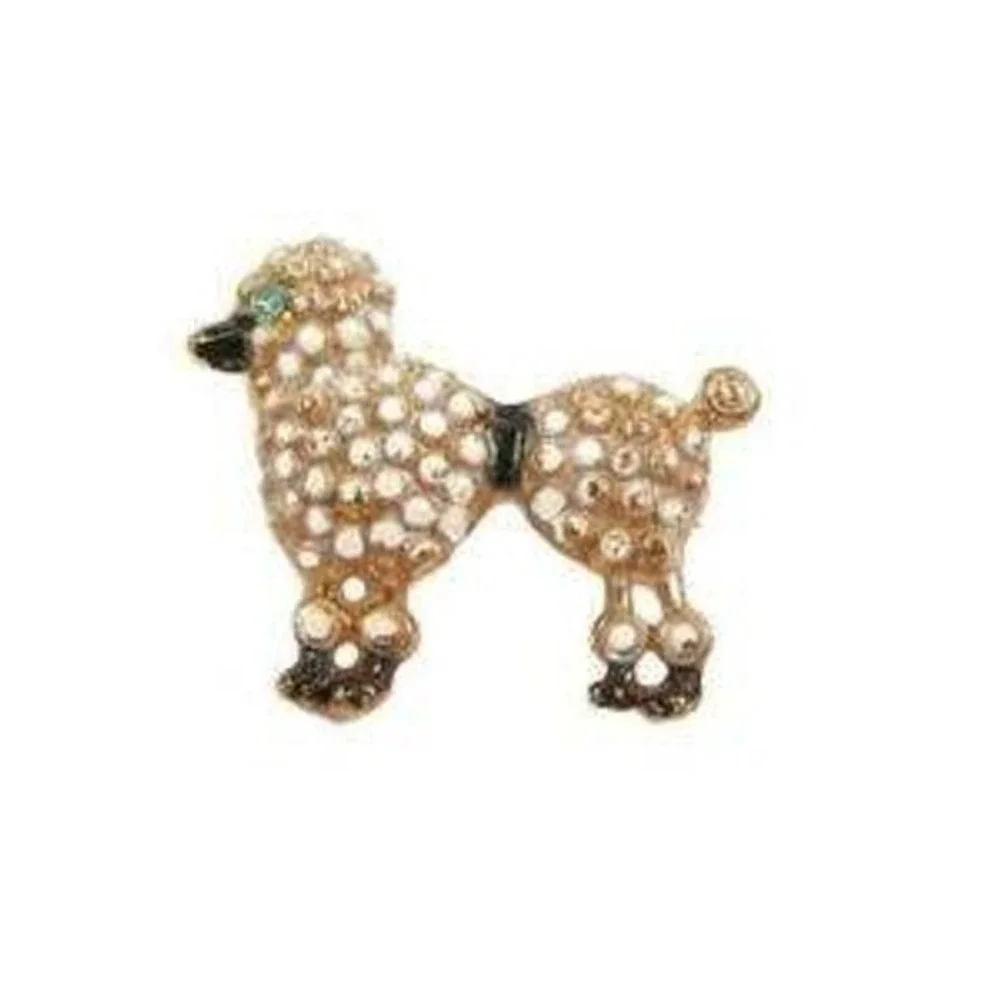 Vintage Poodle Dog Brooch Gold Tone White Enamel Blue Rhinestone Eye‎ Pin 1.25
